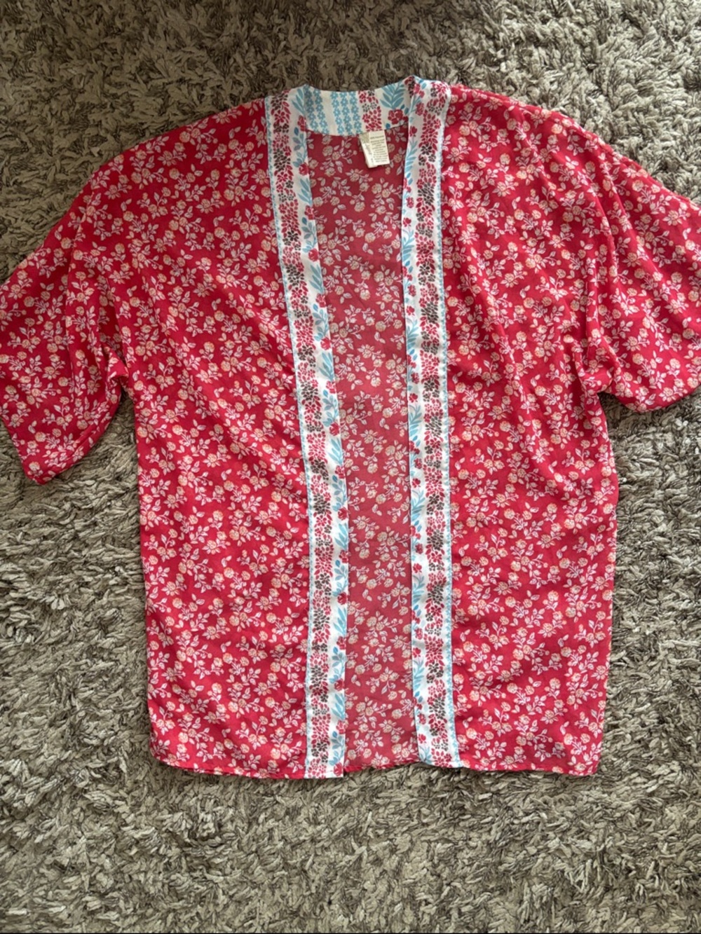 Japna Coral-Red Floral Open Kimono with Contrast Trim